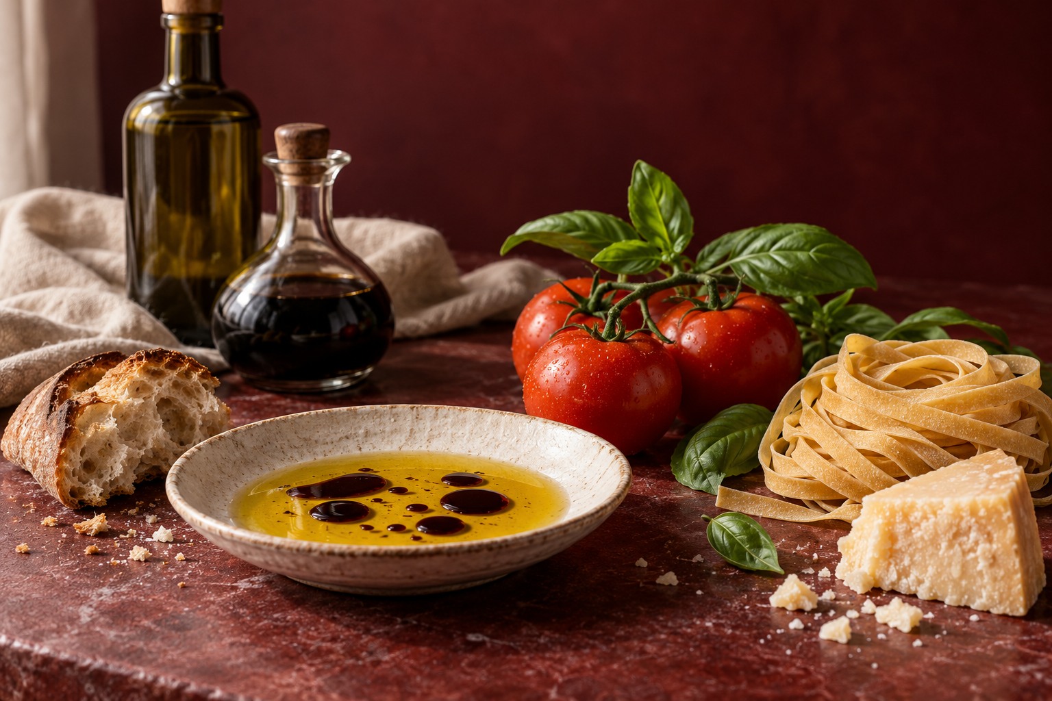 Italian pantry with olive oil, balsamic vinegar, artisan pasta, tomatoes, basil, aged cheese and bread